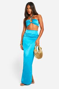 Boohoo Satijnen Maxi Rok, Blue