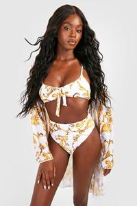 Boohoo Baroque Bikini Met Strik En Kimono Set (3 Stuks), White