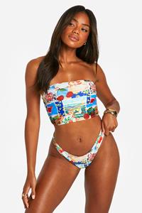 Boohoo Long Line Ansichtkaart Print Bandeau Bikini Top, Multi