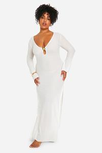 Boohoo Plus Gekreukelde Maxi Strand Jurk Met Schelpen Zoom, White