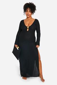 Boohoo Plus Gekreukelde Maxi Strand Jurk Met Schelpen Zoom, Black