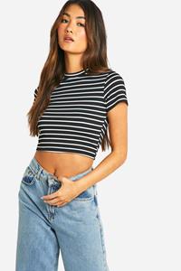 Boohoo Gestreepte Crop Top Met Open Rug, Kraag En Korte Mouwen, Black