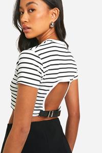 Boohoo Gestreepte Crop Top Met Open Rug, Kraag En Korte Mouwen, White