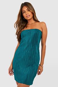 Boohoo Plisse Strapless Mini Jurk, Bottle Green