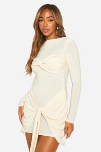 Boohoo Geplooide Gedraaide Mini Jurk, Cream