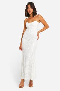 Boohoo Kanten Maxi Jurk Met Korset Detail, White