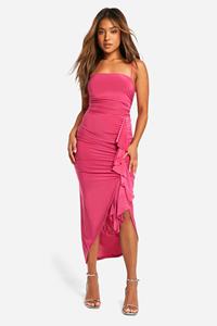 Boohoo Petite Slinky Square Neck Ruched Ruffle Midaxi Dress, Hot Pink