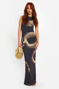 Boohoo Mesh Dragon Maxi Jurk Met Racer Hals, Black