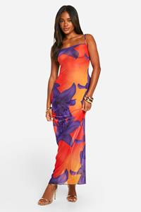 Boohoo Mesh Bloemen Maxi Jurk Met Bandjes, Orange