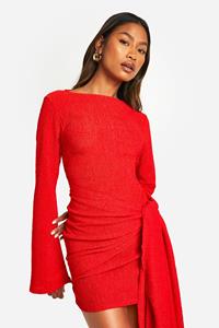 Boohoo Mini Wikkeljurk Met Textuur En Strik, Red