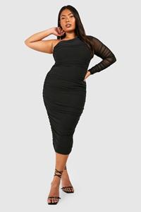 Boohoo Plus Geplooide Mesh Midi Jurk Met Eén Blote Schouder, Black