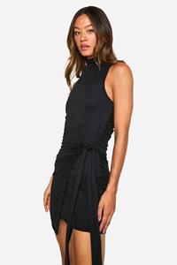 Boohoo Tall High Neck Sleeveless Wrap Mini Dress, Black