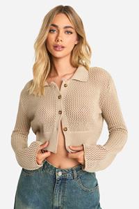 Boohoo Lightweight Knit Collared Cropped Cardigan, Stone