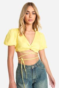 Boohoo Opgeknoopte Crop Top Met Pofmouwen, Lemon