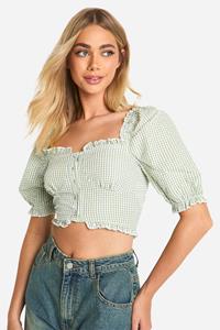 Boohoo Gingham Crop Top Met Geplooide Zoom En Pofmouwen, Sage