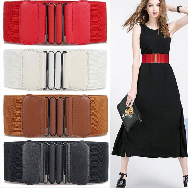 Single 2 Home Fashion Womens Ladies Faux Leather Wide Elastic Buckle Thin waist belt