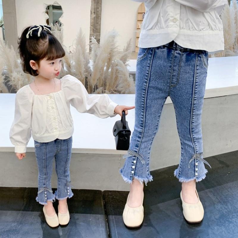 Seventy-two change clothing Meisjesbroeken Jeans Micro-uitlopende denimbroeken voor kinderen Mode-split-elastisch Lente- en herfstjeans voor meisjes