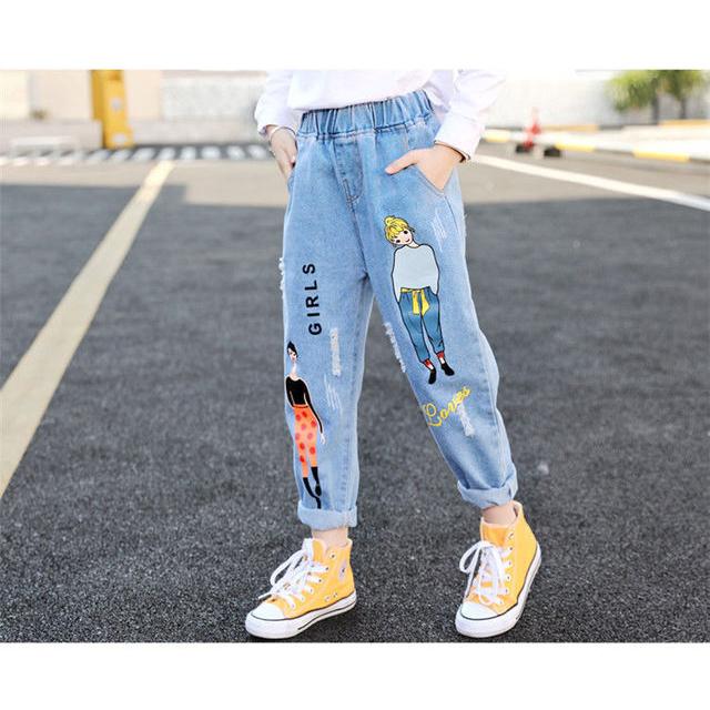 YYDS NO.1 Fashion Cartoon Jeans for Girls Teenage Children Jeans Elastic Waist Denim Pants Kids Trousers for Girls Kids Clothes