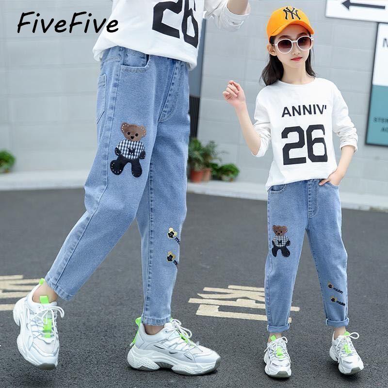 FIVE FIVE FiveFive Spring Autumn Girls Jeans Girls' Embroidered Jeans Denim Pants Trousers