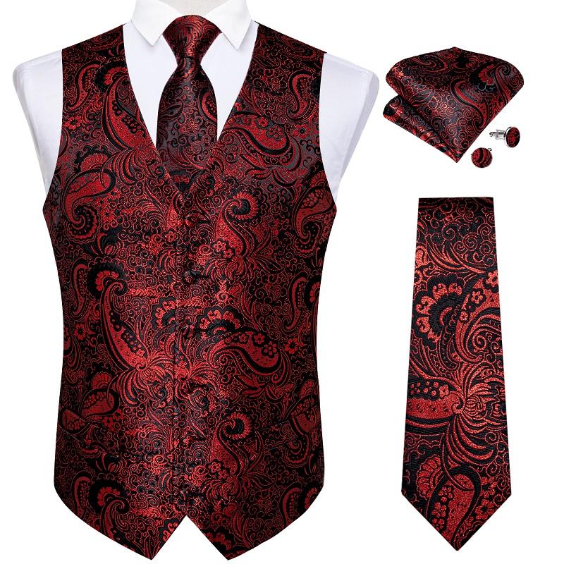 Dibangu Rood vest voor heren Paisley gilet Stropdas en zakdoek Bruiloft Vest Set Formeel pakvest voor heren