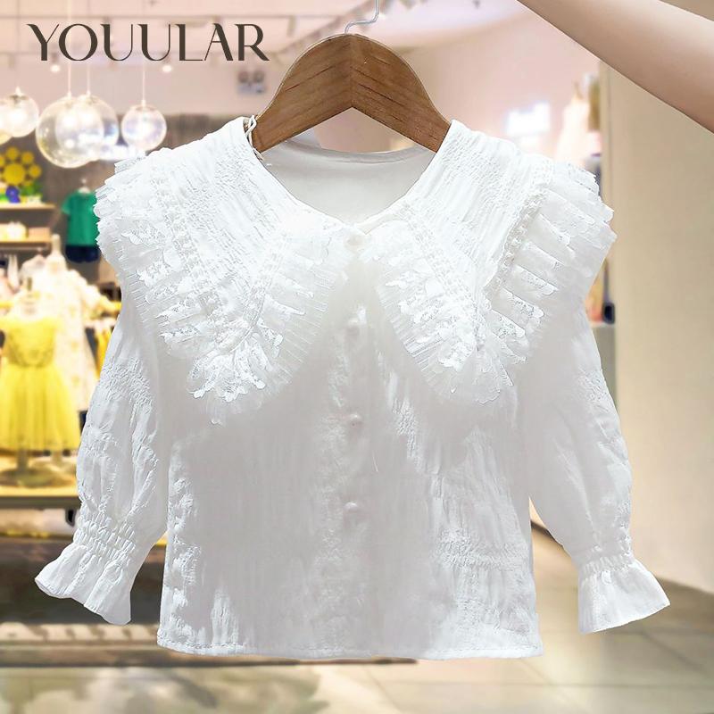 YOUULAR Girls Spring White Shirt 2024 New Versatile Doll Lace Collar Top Children Clothing