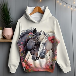 Light in the box Voor meisjes 3D Bloemig Paard Trui met capuchon Pullover Lange mouw 3D-afdrukken Lente Herfst Actief Modieus leuke Style Polyester Kinderen 3-12 jaar Capuchon Buiten Casual Dagelijks Normale pasvorm