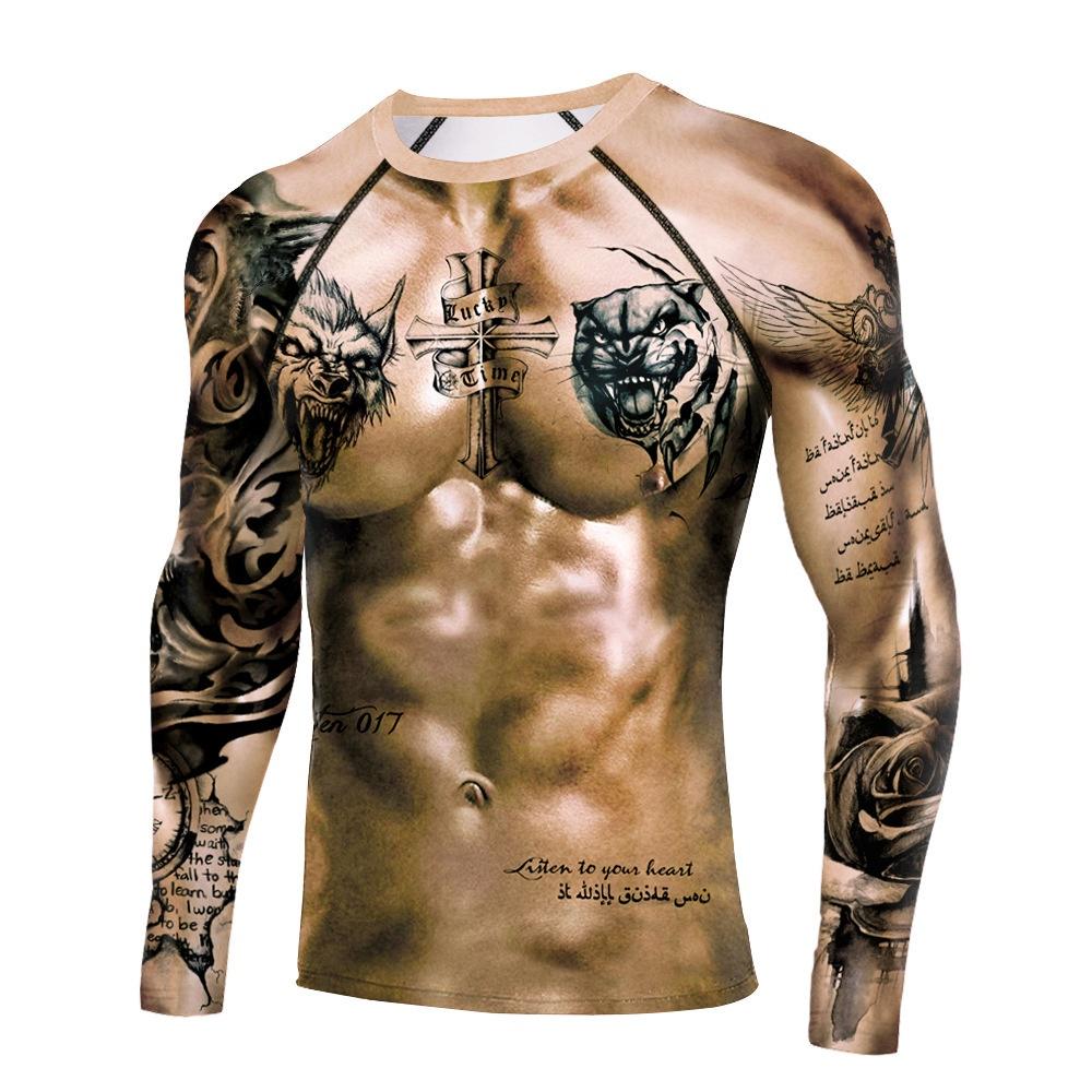 Mens Style Compressieshirts voor heren met lange mouwen Spier Tattoo Sportkleding Rashguard Fitness Gym Tops Tees