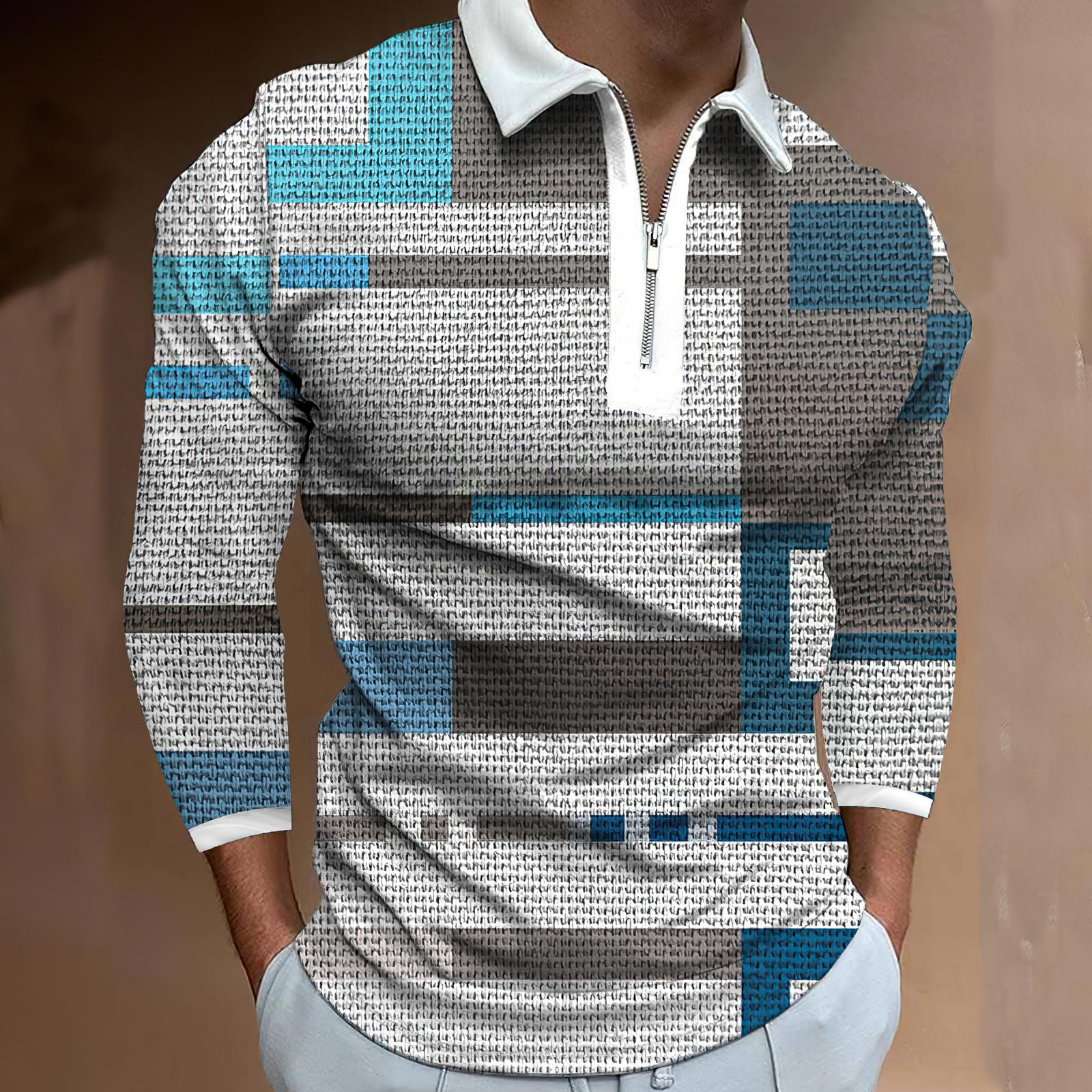 3D Custom Clothing Polo Shirts Heren Lange Mouw Mode Grijsachtig Blauw Print Nieuwe Heren Polo Shirt Lange Mouw Rits T-shirt Top