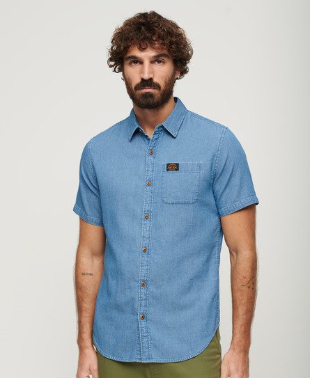 Superdry Male Vintage Loom Overhemd met Korte Mouwen Lichtblauw