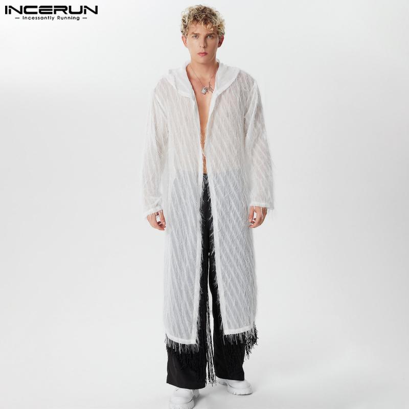 INCERUN Men Tassel Transparent Long Cardigans Open Front Hooded Kimono