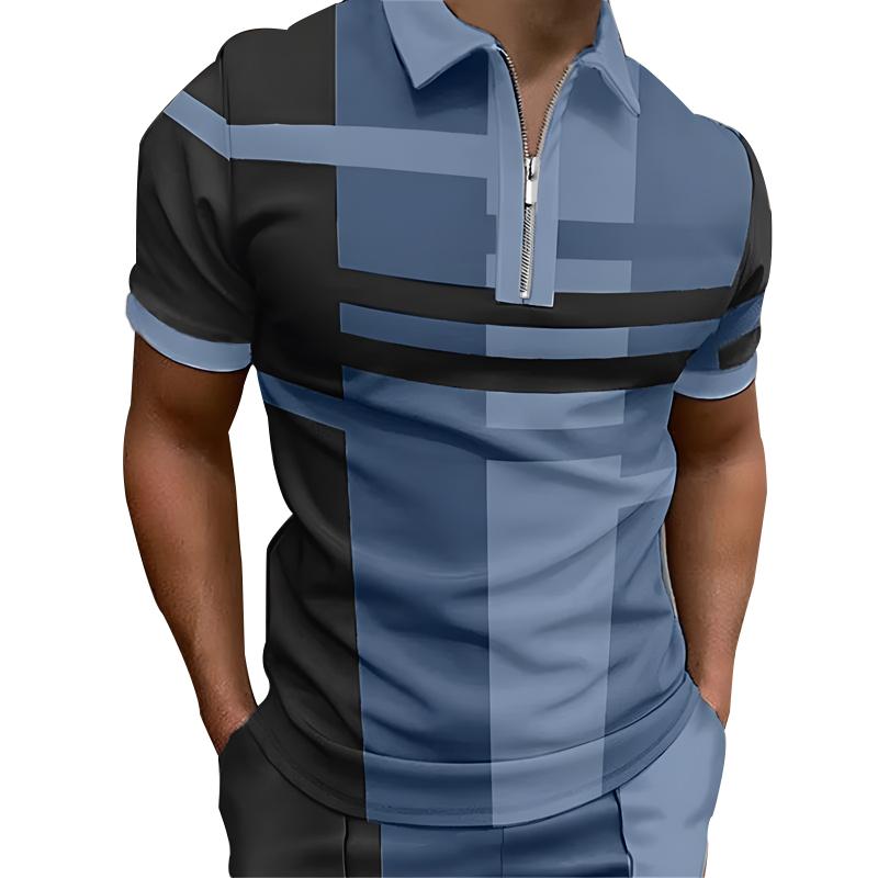 YuTong Fashion Spring Summer Men Slim Fit 3D Digital Print Zipper Polo Shirt More Colors Men Buisness Casual Spell Color Golf Polo Shirt