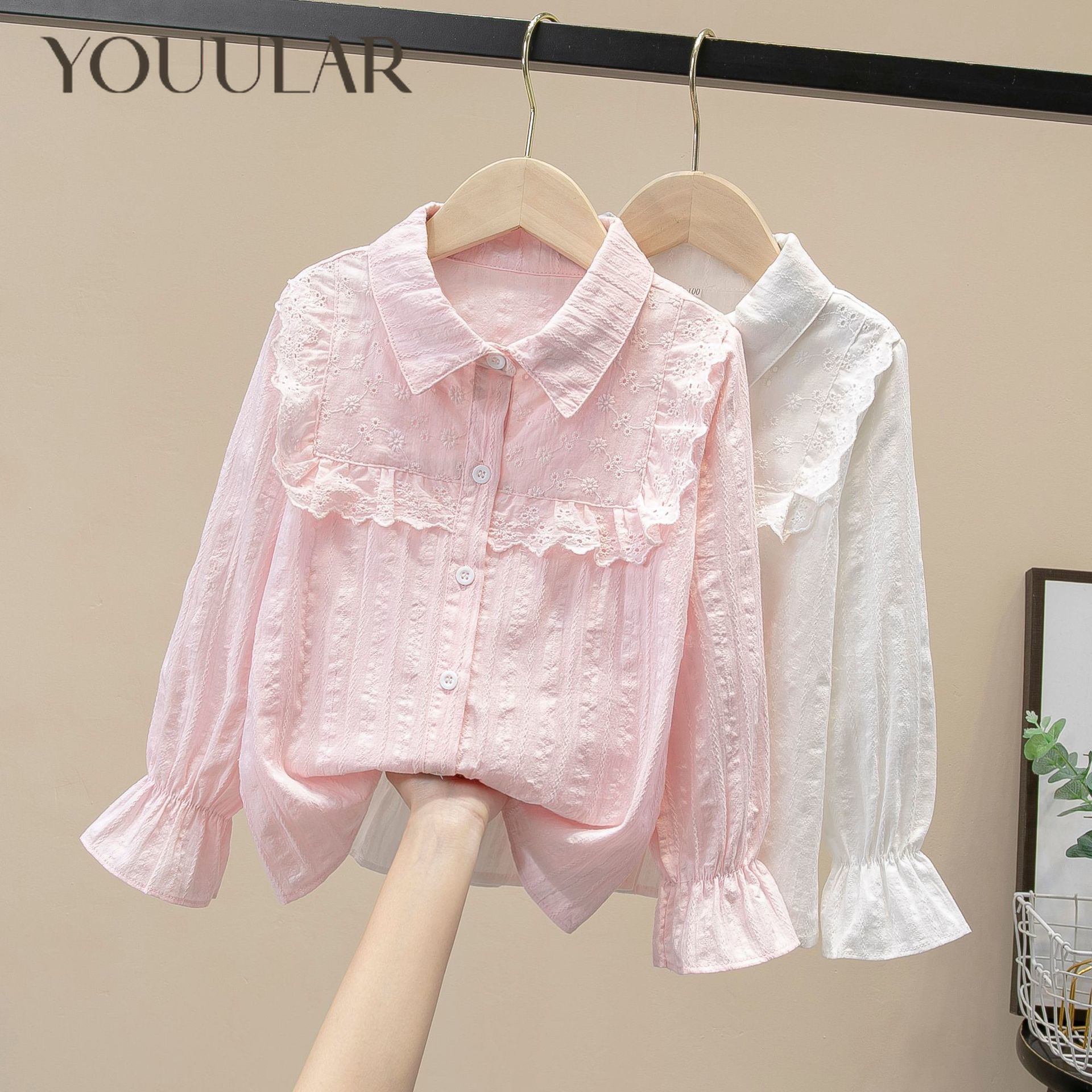 YOUULAR Girls Blouse Spring 2023 New Children's Long-sleeved Lace Tops Kids Wihite Lapel Cardigan T-shirt