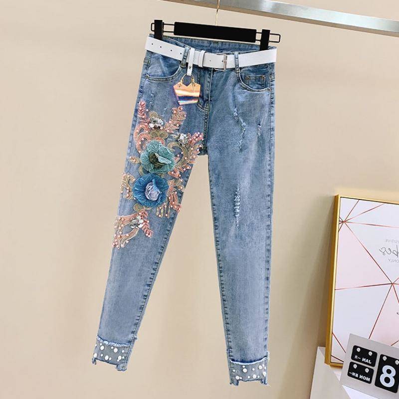 SHIZI Zomer Vrouwen Mode Denim Broek Jeans Leggings 3D Bloem Negen-punts Jeans