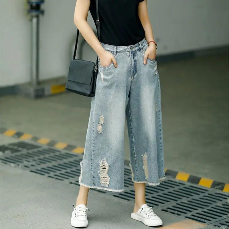 Doran Pants and Capris Women's Denim Ripped Jeans Summer Clothes Baggy Jean Y2k Streetwear Wide Leg Pant Womens Clothing Grunge