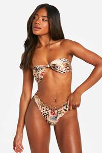 Boohoo Leopard Floral High Leg Bikini Bottoms, Brown