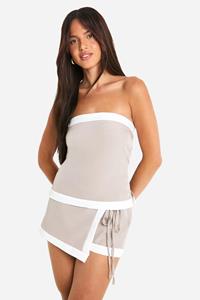 Boohoo Contrasterende Linnen Look Long Line Bandeau Top, Taupe