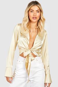 Boohoo Satijnen Blouse Met Lange Mouwen En Strik, Sand