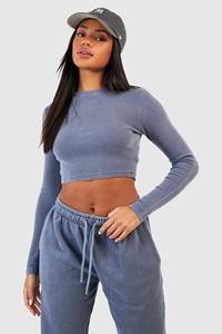 Boohoo Gebleekte Geribbelde Getailleerde Top Met Lange Mouwen, Denim-Blue