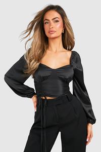 Boohoo Geplooide Satijnen Korset Met Volle Mouwen, Black