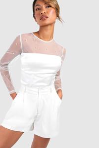 Boohoo Satijnen Parel Korset Top Met Lange Mouwen, White