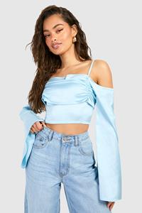 Boohoo Satijnen Gedrapeerde Korset Top Met Wijde Mouwen, Light Blue