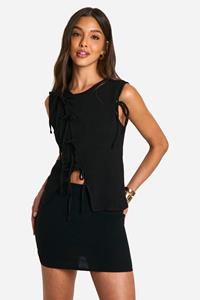 Boohoo Asymmetrische Linnen Look Top Met Strik, Black