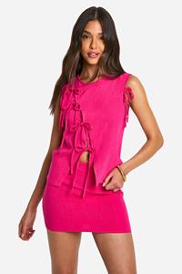 Boohoo Asymmetrische Linnen Look Top Met Strik, Hot Pink