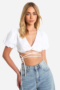 Boohoo Opgeknoopte Crop Top Met Pofmouwen, Ivory