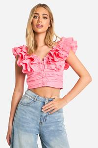 Boohoo Geweven Crop Top Met Ruches, Pink