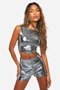 Boohoo Metallic Racer Neck Crop Top, Metallic Silver