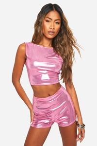 Boohoo Metallic Racer Neck Crop Top, Pink