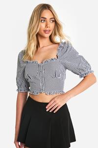 Boohoo Gingham Crop Top Met Geplooide Zoom En Pofmouwen, Black