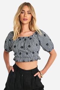 Boohoo Gingham Crop Top Met Pofmouwen, Black