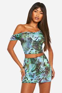 Boohoo Strakke Tropische Off Shoulder Crop Top Met Print, Blue